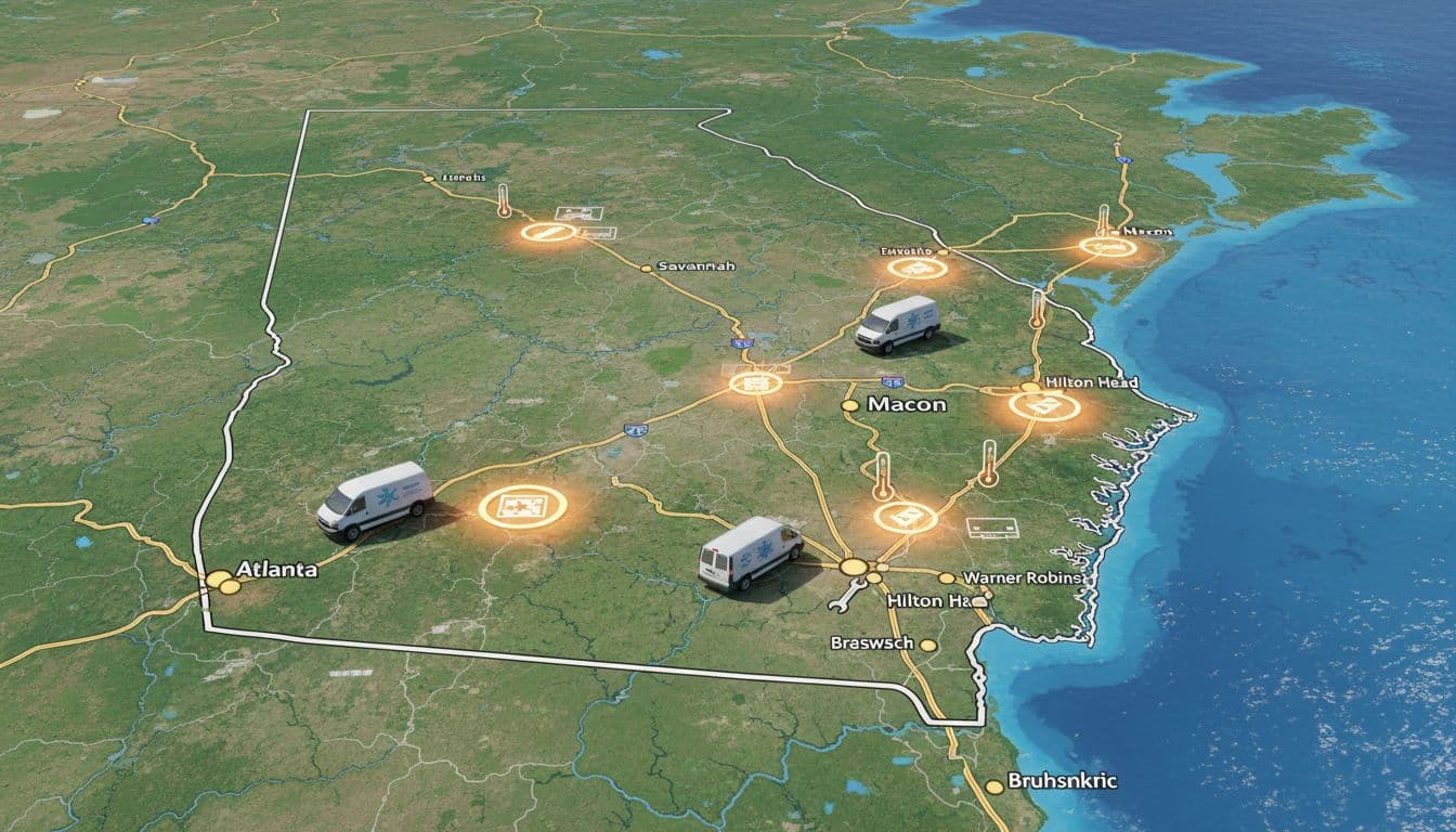 Realistic aerial view map of Georgia and South Carolina highlighting cities like Atlanta, Savannah, Hilton Head, Macon, Warner Robins, and Brunswick, featuring exactly three HVAC technician vans and service icons on roads during a sunny summer day with natural lighting.