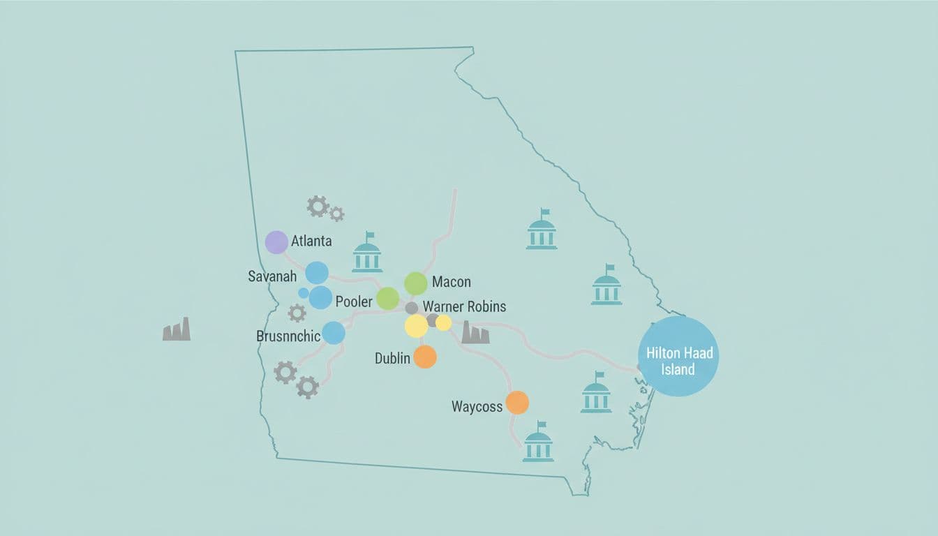 Clean infographic map highlighting key cities like Savannah, Atlanta, Hilton Head in Georgia and South Carolina, featuring icons for industrial sites, government buildings, and highways in soft colors with no text labels.
