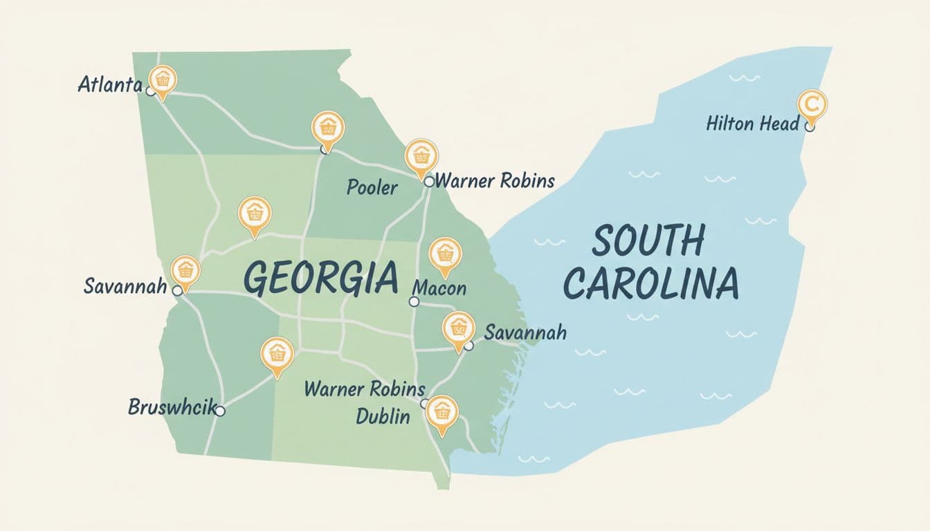 Illustrative map of Georgia and South Carolina with pins on cities like Savannah, Atlanta, and Hilton Head.