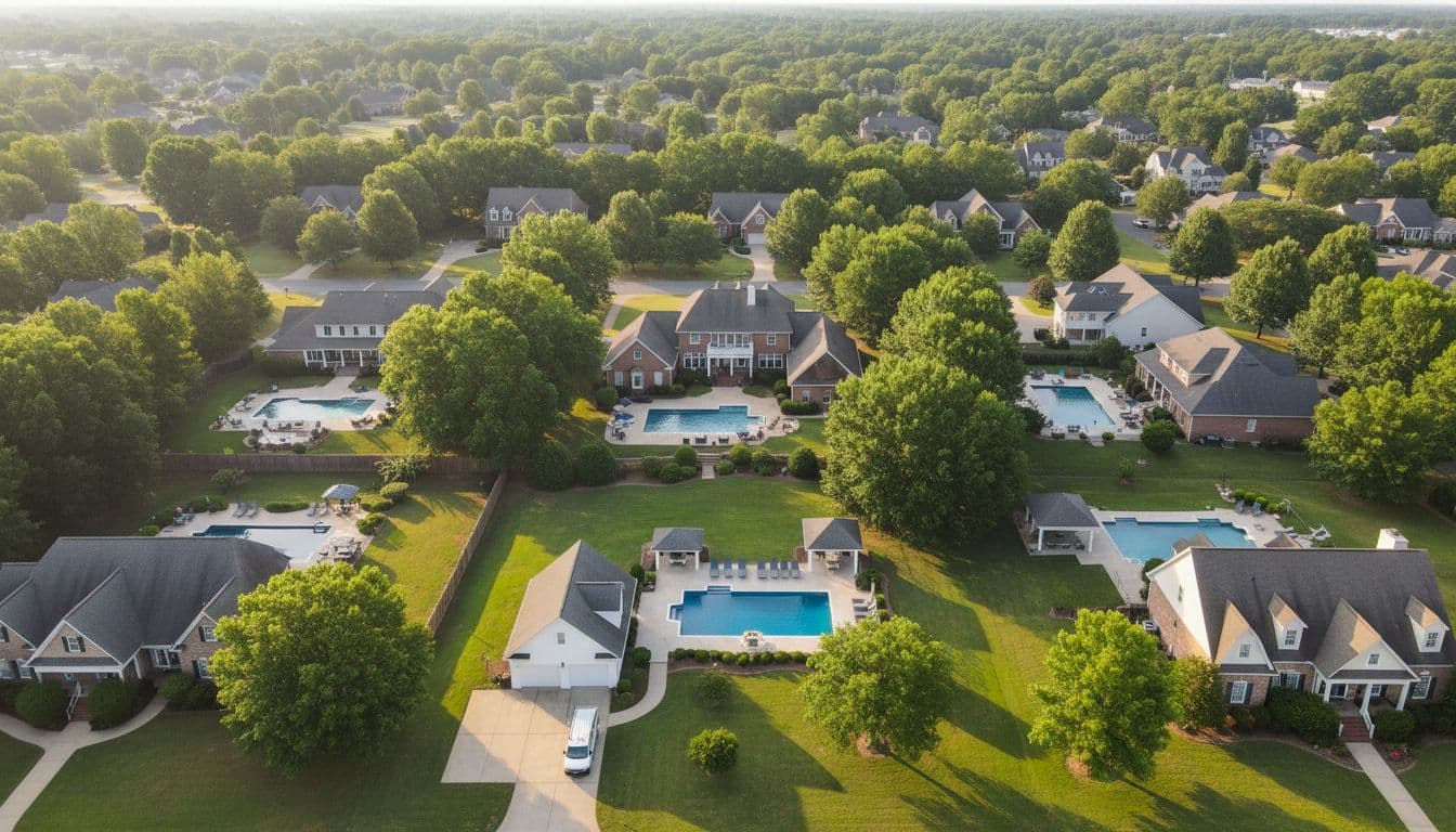 Sunny aerial over suburban neighborhoods with backyard pools and one white pool service van near a pool house.