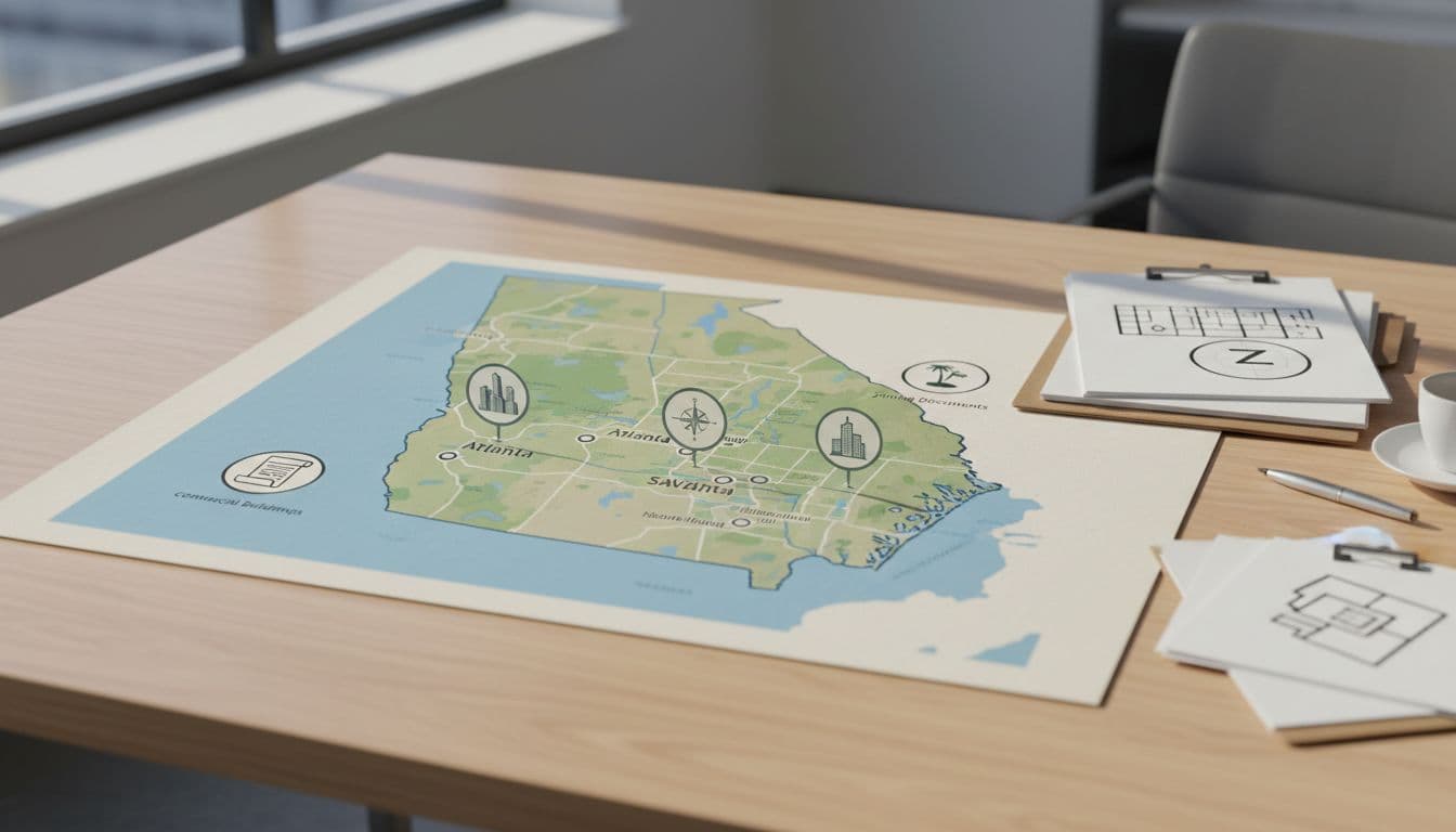 A detailed map highlighting key cities like Savannah, Atlanta, and Hilton Head in Georgia and South Carolina, with icons for commercial buildings and zoning documents on a desk nearby. Clean professional style with natural daylight lighting, no people or text.