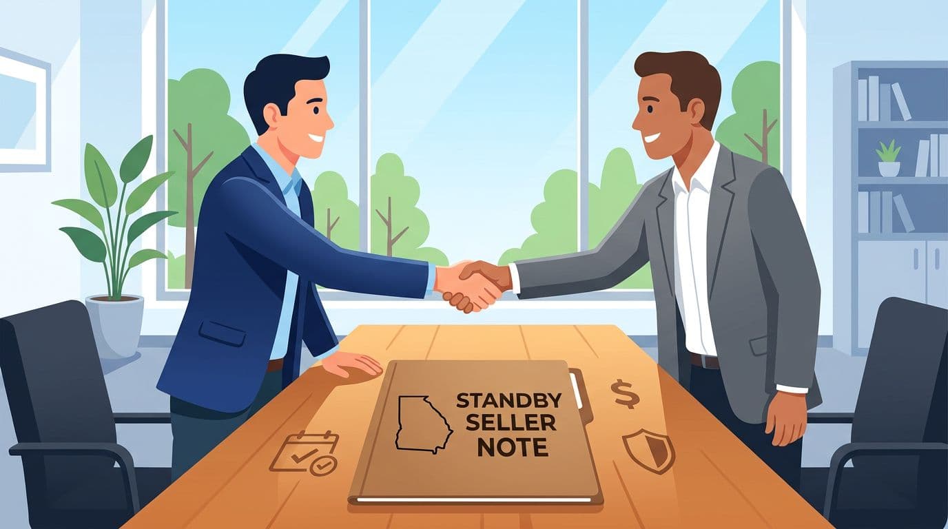 Clean, modern flat vector illustration of a buyer and seller shaking hands across a wooden table in a bright office, featuring a Georgia state map on a folder labeled 'Standby Seller Note' with subtle calendar, dollar, and security shield icons.
