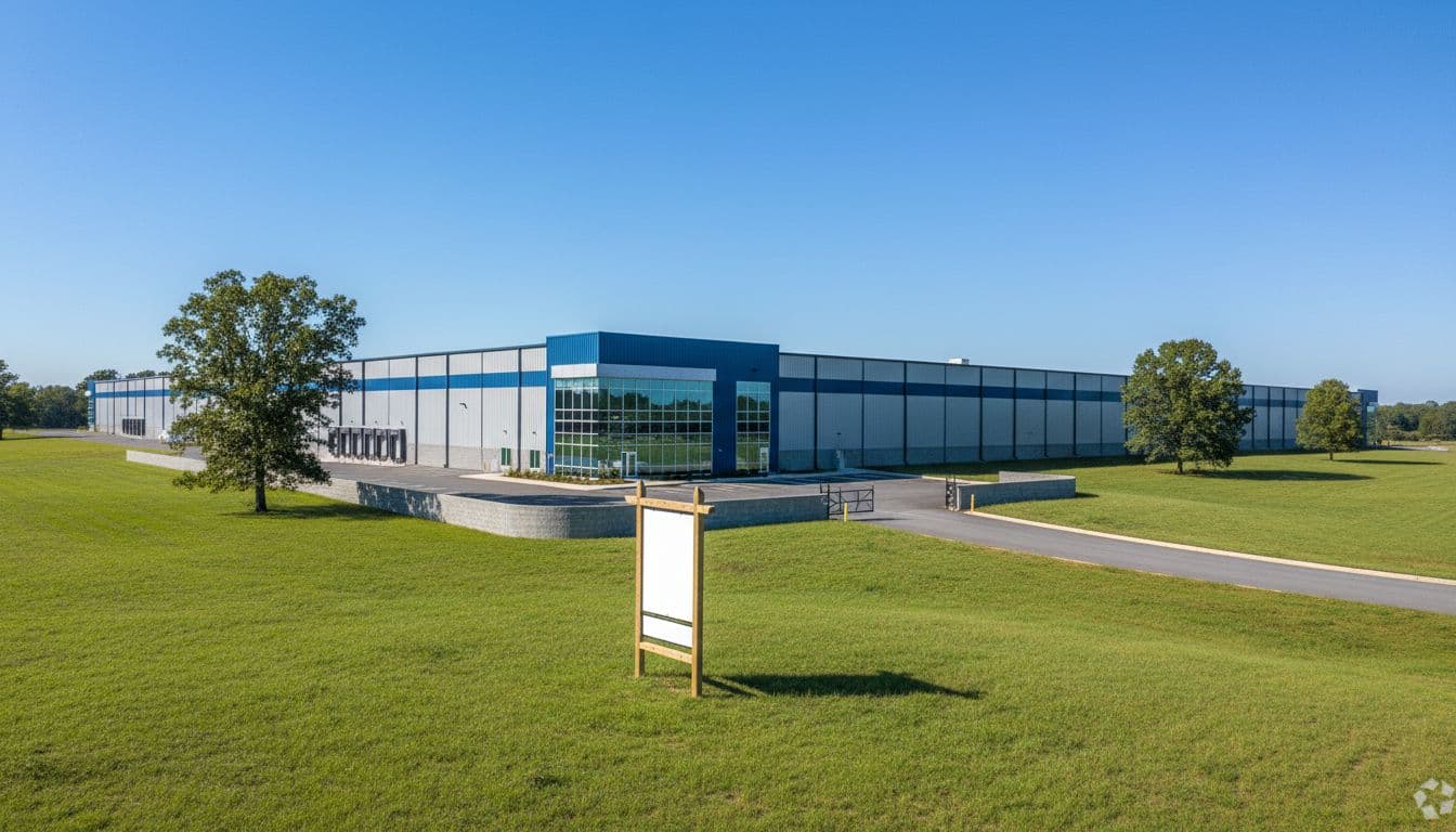 Realistic daylight photo of a warehouse industrial property exterior in Georgia with a for sale sign, clear blue sky, surrounding green fields, no people, focus on building architecture.
