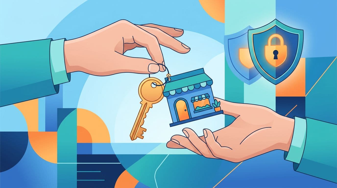 Flat vector illustration of two relaxed hands passing a golden key attached to a model storefront building, with a security shield icon nearby in blues, teals, and orange accents.