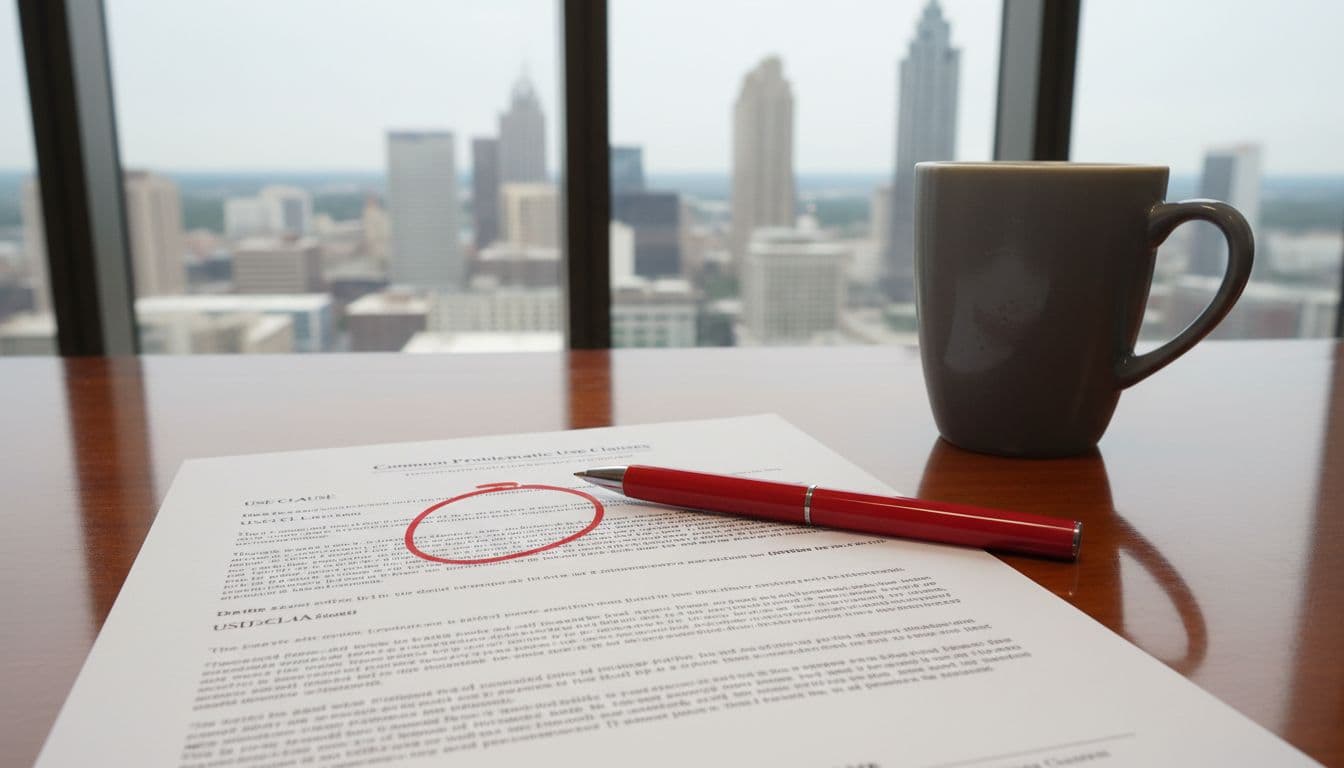 Close-up top-down view of a commercial lease contract on a wooden desk, with a red pen circling the 'use clause' section, a coffee mug nearby, and a subtle blurred Atlanta skyline through the window. Photorealistic style with soft office lighting, emphasizing problematic contract details.