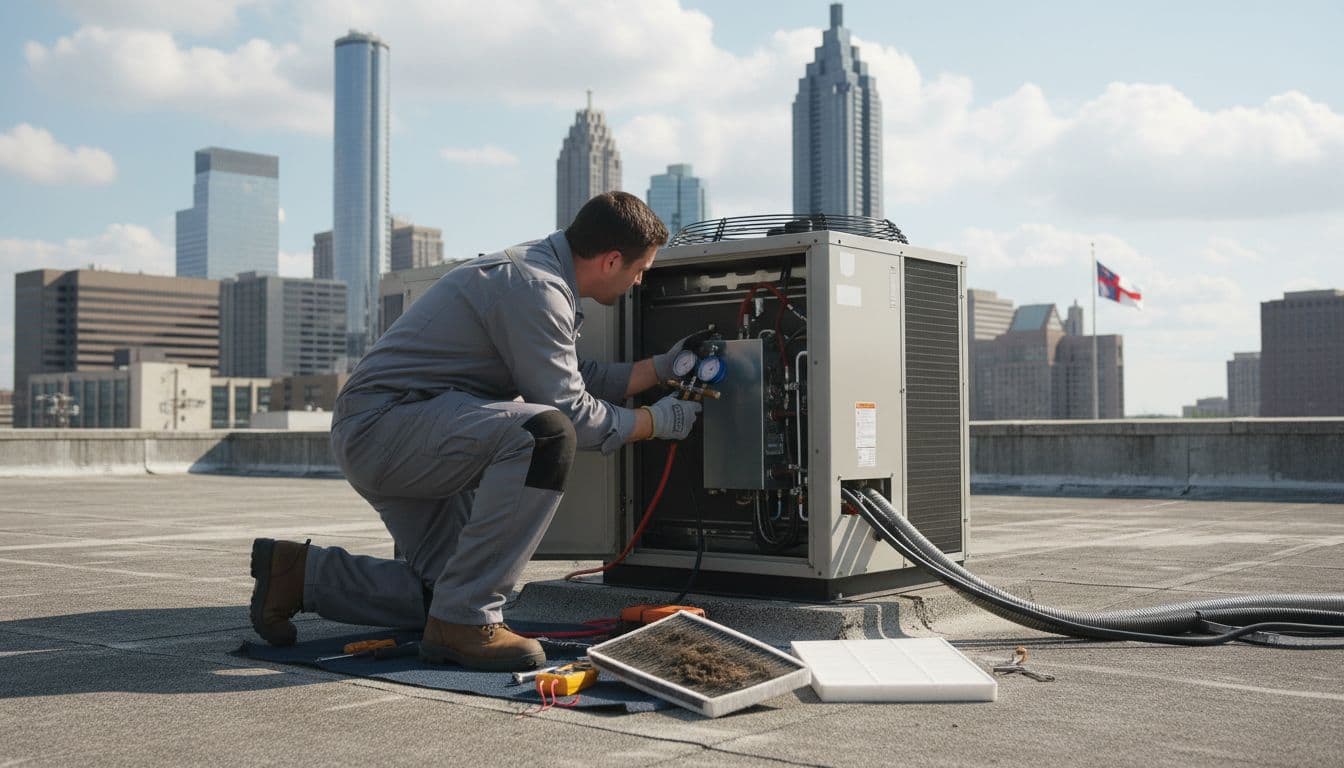 Technician in uniform kneels by large rooftop HVAC unit, checking coils, filters, and connections with tools.