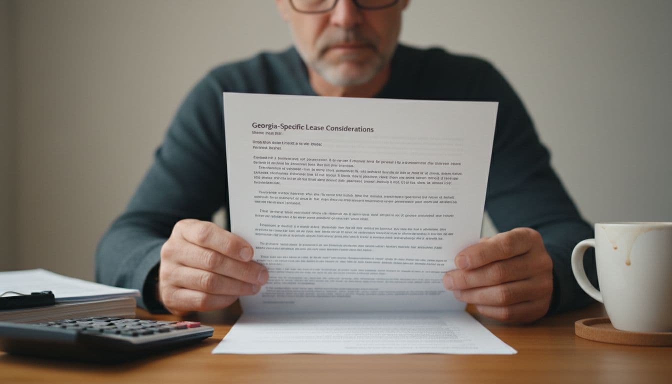 Close-up of a commercial real estate lease contract being reviewed by one investor at a wooden desk, with stack of documents, calculator, and coffee mug nearby, under soft office lighting in photorealistic style.