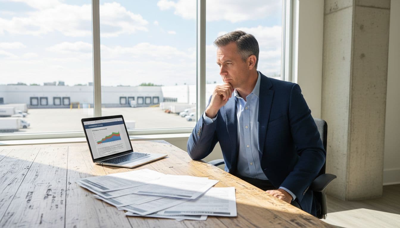 A mid-40s professional real estate investor in business casual attire sits thoughtfully at a wooden desk in a bright office overlooking a commercial warehouse, reviewing a stack of property tax documents and a laptop showing an assessment notice.