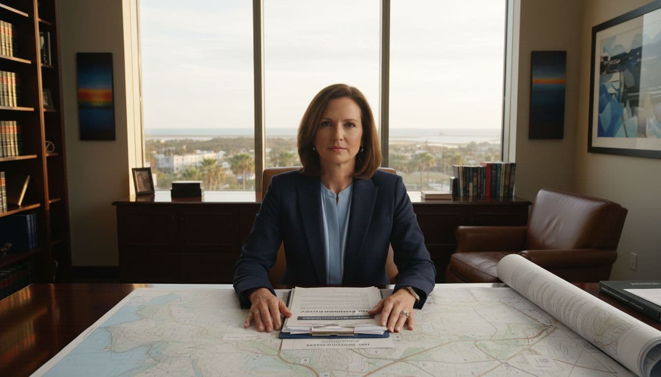 A focused business investor reviews flood insurance documents and a property map at a desk in a professional office, with a coastal Georgia skyline visible through the window under warm lighting.
