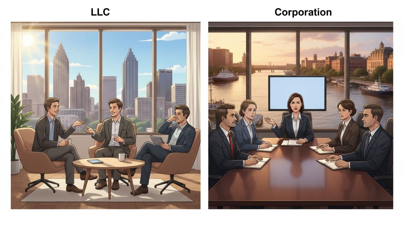 Split-screen illustration contrasting a flexible LLC with three owners casually discussing in a sunny Georgia office overlooking the Atlanta skyline, against a formal corporation board meeting of five executives in a conference room with Savannah River background.