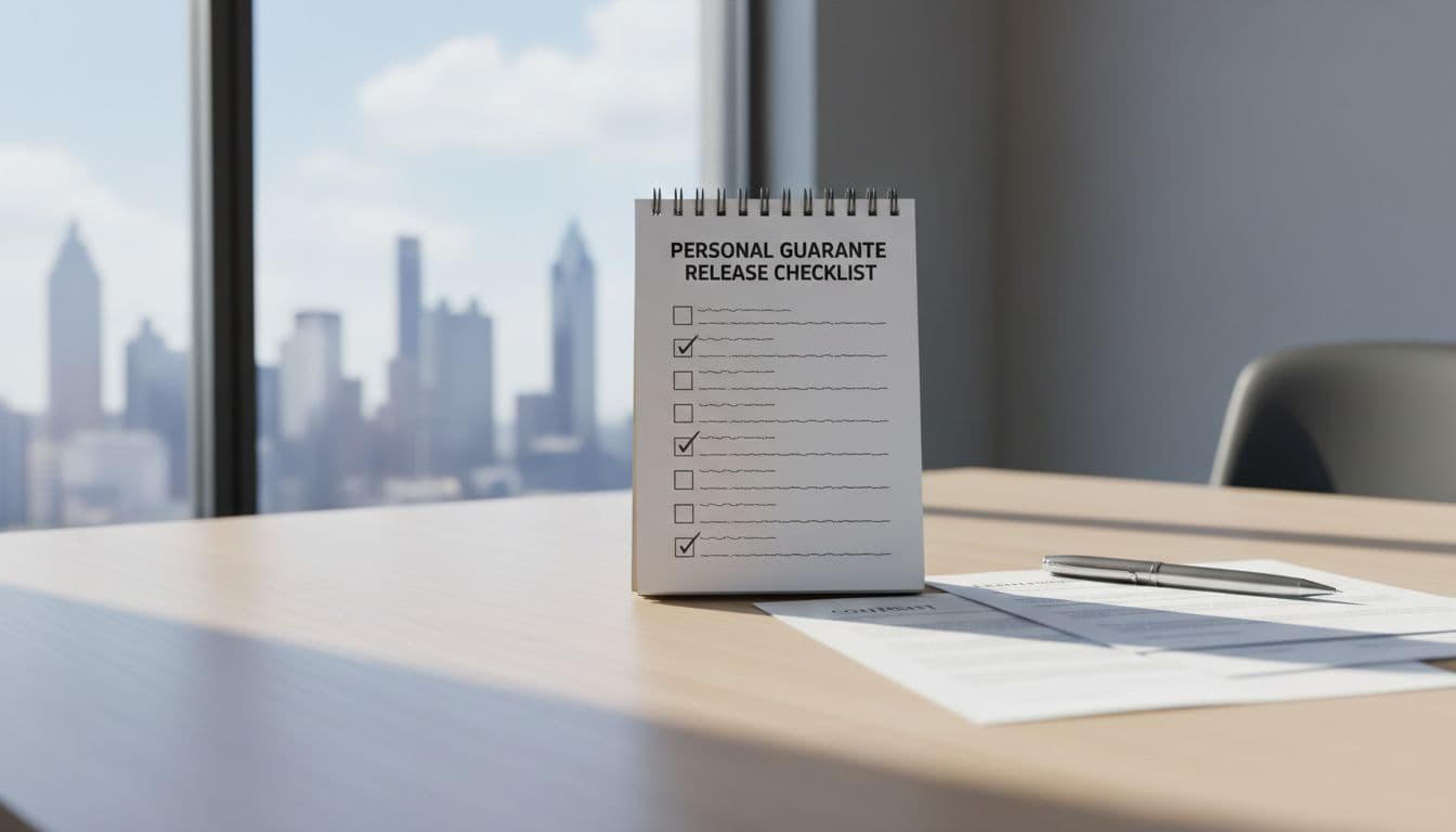 Clean professional illustration of a personal guarantee release checklist on a notepad with documents on a modern wooden desk in a Georgia business office, pen nearby, soft lighting, and subtle Atlanta skyline view.