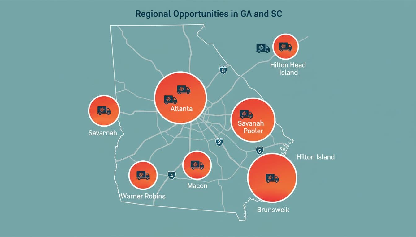 Map highlights hotspots in Georgia cities and Hilton Head SC with service truck icons.