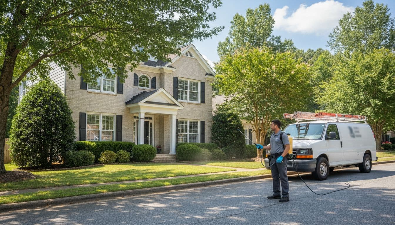 Pest control technician in uniform sprays suburban home exterior with service van parked nearby on sunny day.