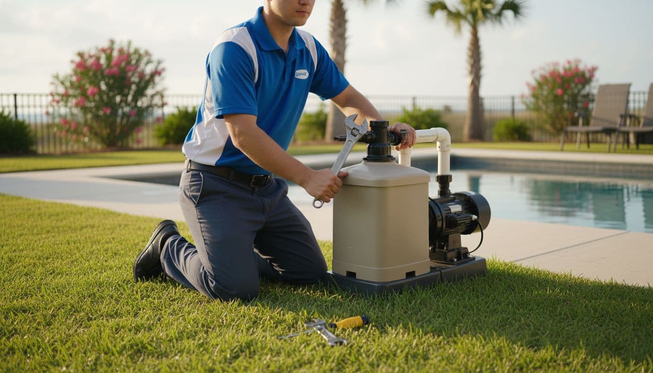 Pool service technician in uniform kneels next to inground pool pump and filter housing with tools on grass nearby.