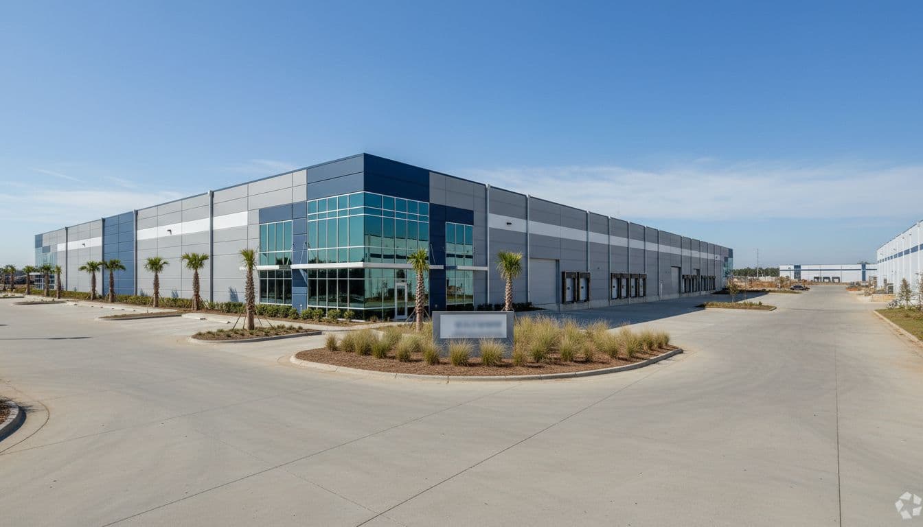 Exterior view of a modern commercial warehouse in Pooler Georgia's industrial park near the airport, featuring a subtle for lease sign under a clear blue sky in realistic daylight photo style, no people or vehicles.