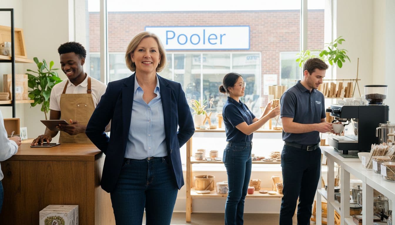 A business owner in casual business attire steps back while a team of three diverse employees manages daily operations in a bright Georgia small business storefront featuring Pooler signage outside the window, showcasing collaborative teamwork under natural sunlight.