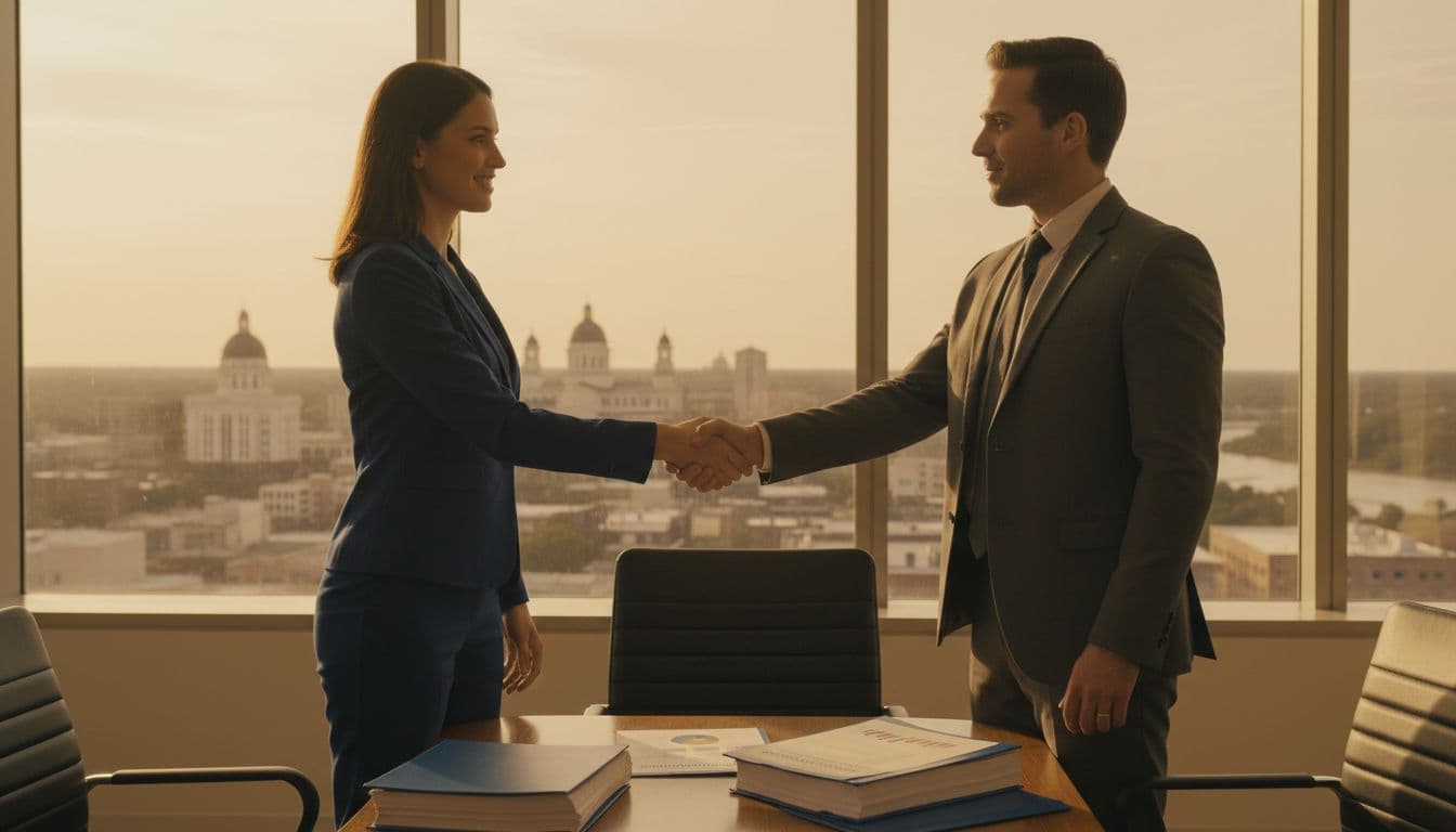 A man and woman in business attire shake hands relaxedly over documents in a modern office overlooking the Savannah, Georgia skyline, conveying stability and deal-making in government contract acquisitions with natural lighting and warm tones.