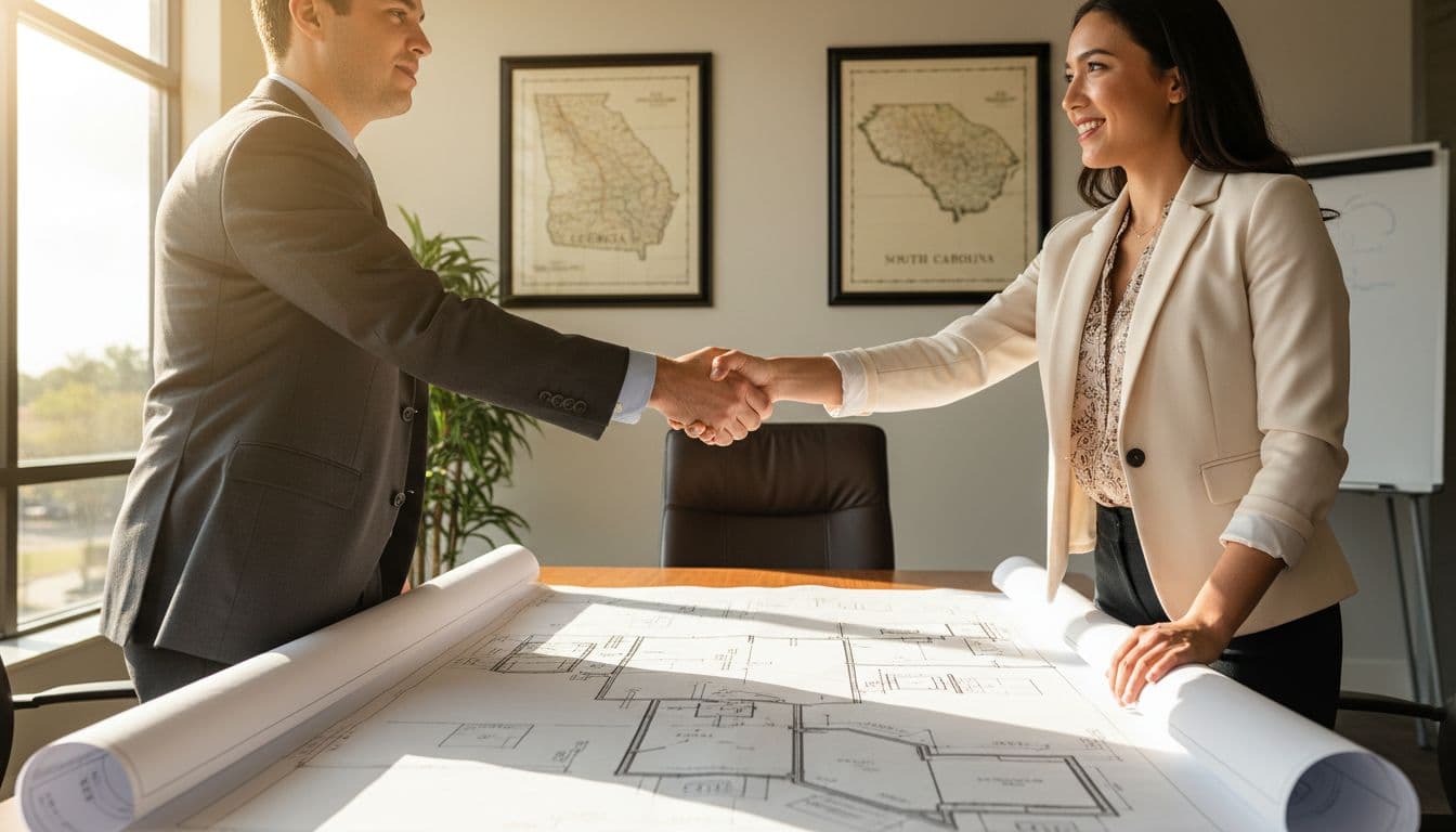A professional man and woman shake hands over an HVAC system blueprint in a sunny Southern office featuring Georgia and South Carolina maps on the wall, captured in realistic photo style with natural lighting.