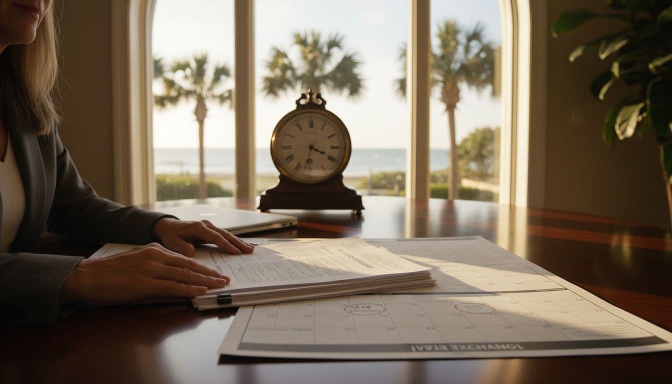 A focused professional reviews 1031 exchange documents and timeline calendar at a desk in a Savannah, Georgia office featuring a coastal view window, with warm lighting, closed laptop nearby, and emphasis on papers and clock.
