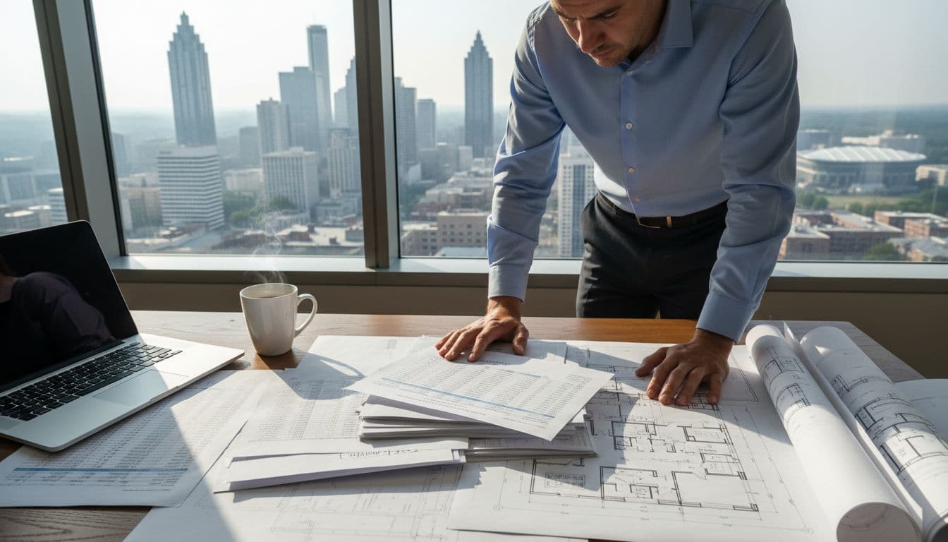 A focused professional examines financial documents and property blueprints on a wooden desk in a bright office overlooking the Atlanta skyline, with a laptop and coffee mug nearby, captured in a realistic top-down angled view with natural daylight.