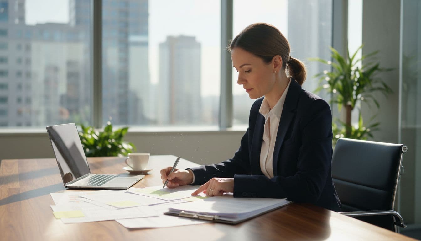 A professional reviews business documents and lease agreements at a desk in a modern office, focused on paperwork with a laptop and coffee nearby, illuminated by natural daylight.