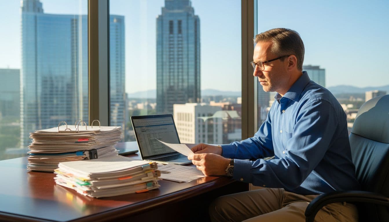 A mid-40s professional in business casual attire sits at a desk in a sunlit Georgia office overlooking the Atlanta skyline, reviewing a thick stack of payroll reports next to a laptop displaying spreadsheets.