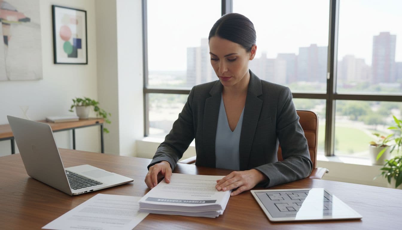 A professional real estate attorney in a modern office reviews estoppel certificate documents on a desk with a laptop nearby, under natural daylight lighting in a clean, professional style with one person only.