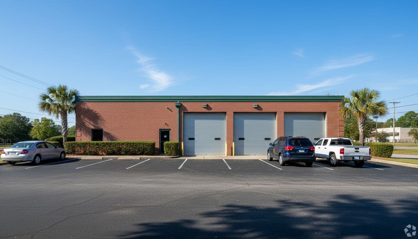 Exterior view of a well-maintained auto repair shop in a suburban area near Savannah, Georgia, featuring multiple closed garage bay doors, paved parking lot with cars, sunny daytime blue sky, realistic photo.