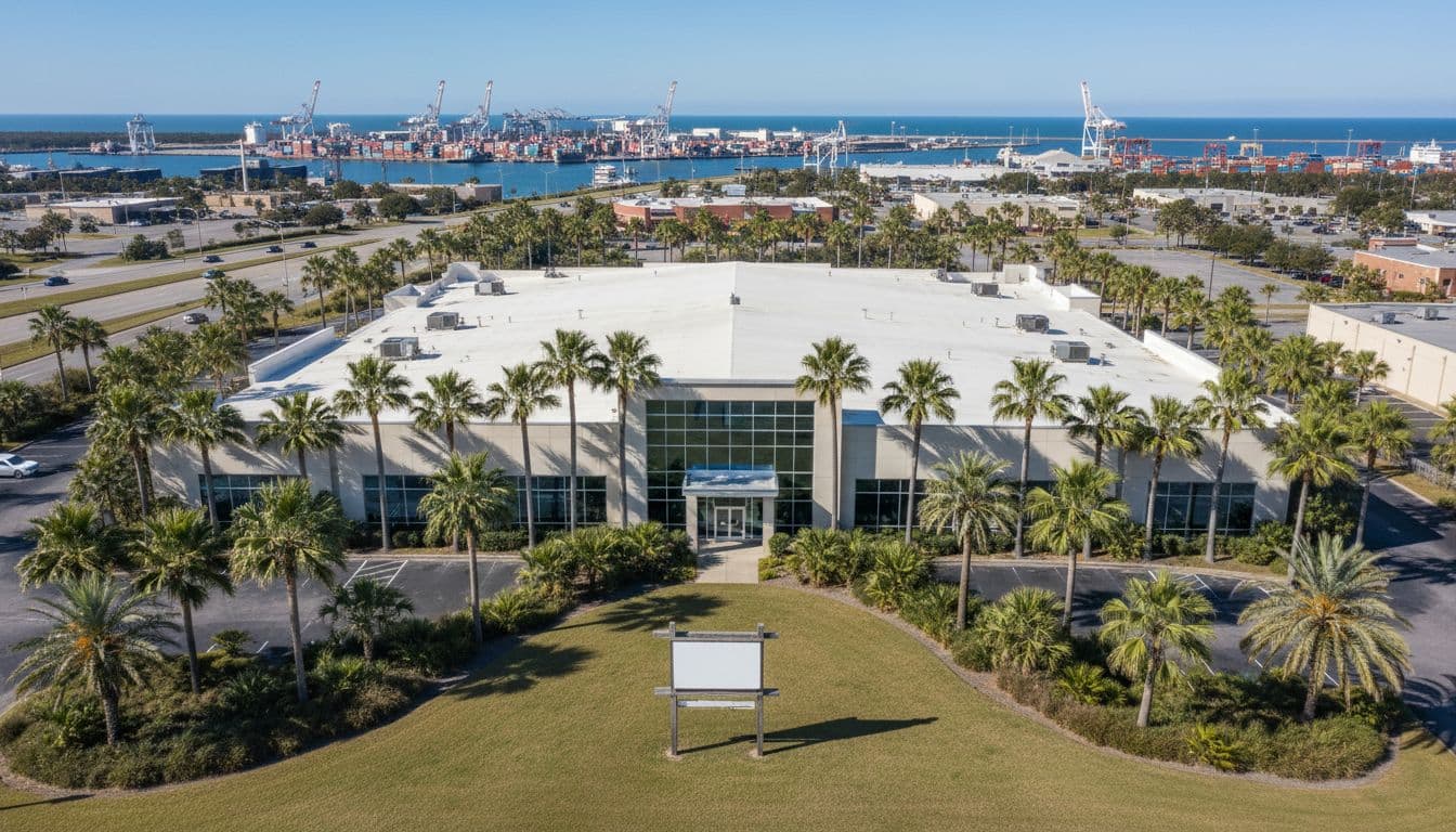 Aerial photo of a modern commercial warehouse or retail space in coastal Georgia like Savannah, displaying a for sale sign, surrounded by palm trees with a port in the distance under a bright daytime sky.