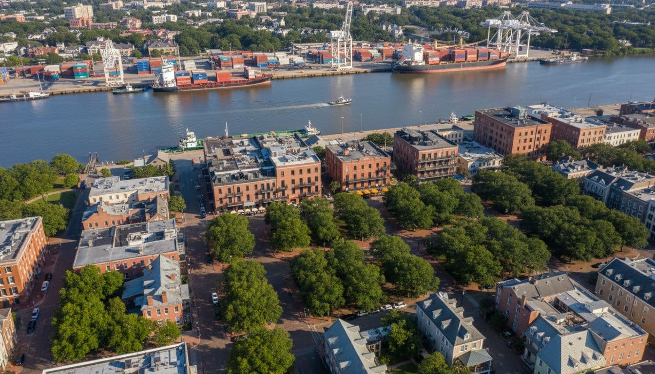 Aerial view of Savannah, Georgia's historic district showcasing riverfront warehouses converted into modern businesses, with bustling port activity in the background on a sunny day.