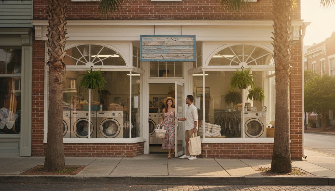 Exterior view of a busy laundromat storefront in a Southern US town like Savannah, Georgia, showing washers through windows on a sunny day with palm trees and exactly two people entering.