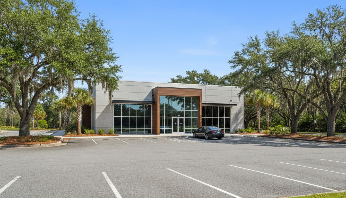 Modern commercial single-tenant retail store in Savannah, Georgia, under a clear blue sky with front parking lot containing one car, surrounded by lush green trees, captured in realistic daylight photography style with no people, text, logos, or watermarks.