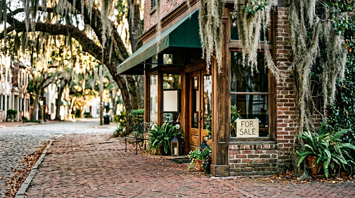 Street scene in Savannah Georgia historic district with brick sidewalks and live oak trees draped in Spanish moss under warm golden afternoon sunlight. Small cozy restaurant storefront features a subtle discreet For Sale sign, realistic editorial photography style with shallow depth of field.