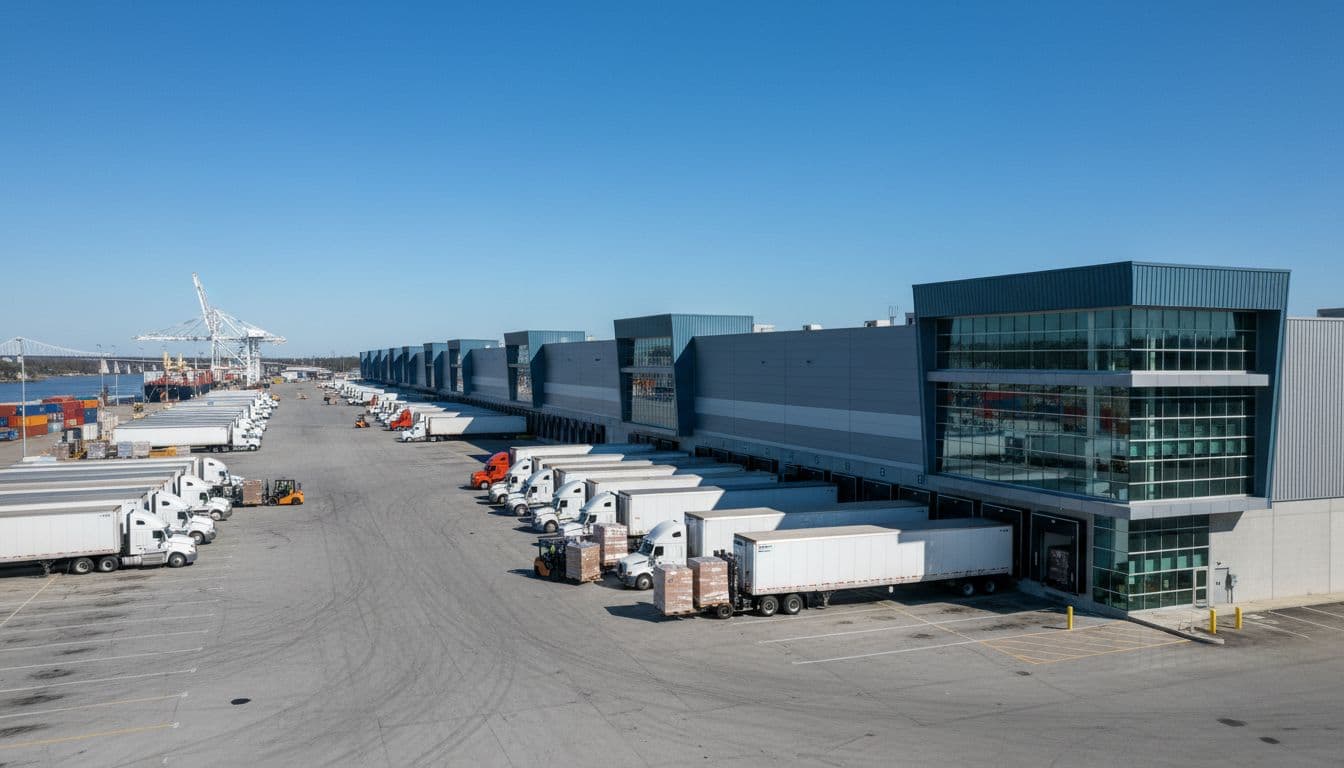 Photorealistic image of a modern warehouse facility near Savannah port, showing trucks loading goods and forklifts operating in a dynamic industrial setting under a clear sky, viewed from a side angle.