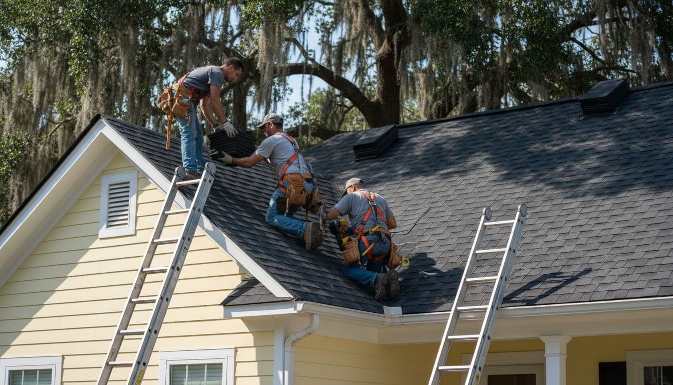 Three roofers install asphalt shingles on a steep residential roof in suburban Savannah on a sunny day.