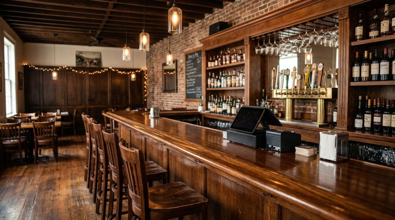Interior of a cozy Southern restaurant bar in Savannah with polished wooden counter, beer taps, wine bottle shelves, POS terminal, empty stools, and soft pendant lighting, in realistic editorial style before opening.