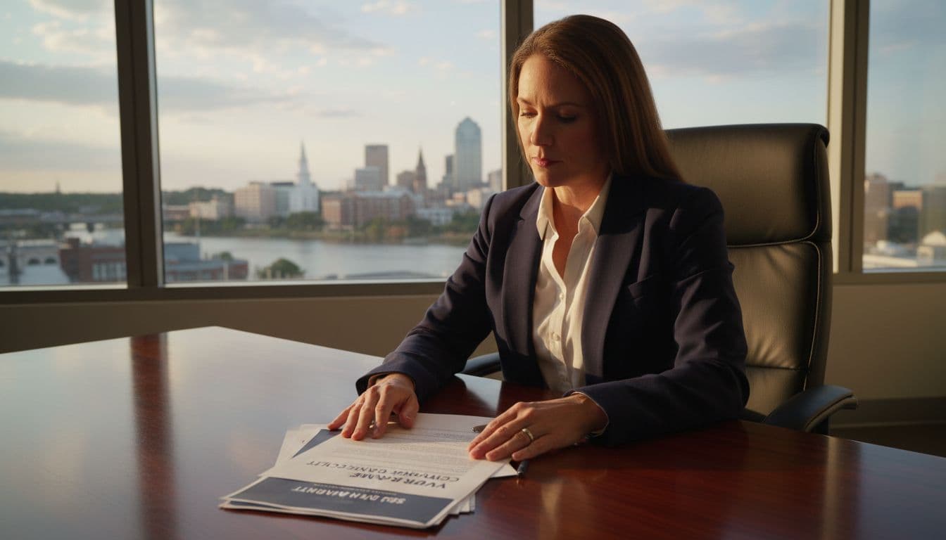 A professional business buyer in a modern Georgia office reviews SBA loan documents and ownership checklist on a wooden desk, with the Savannah skyline visible through the window under warm natural lighting.