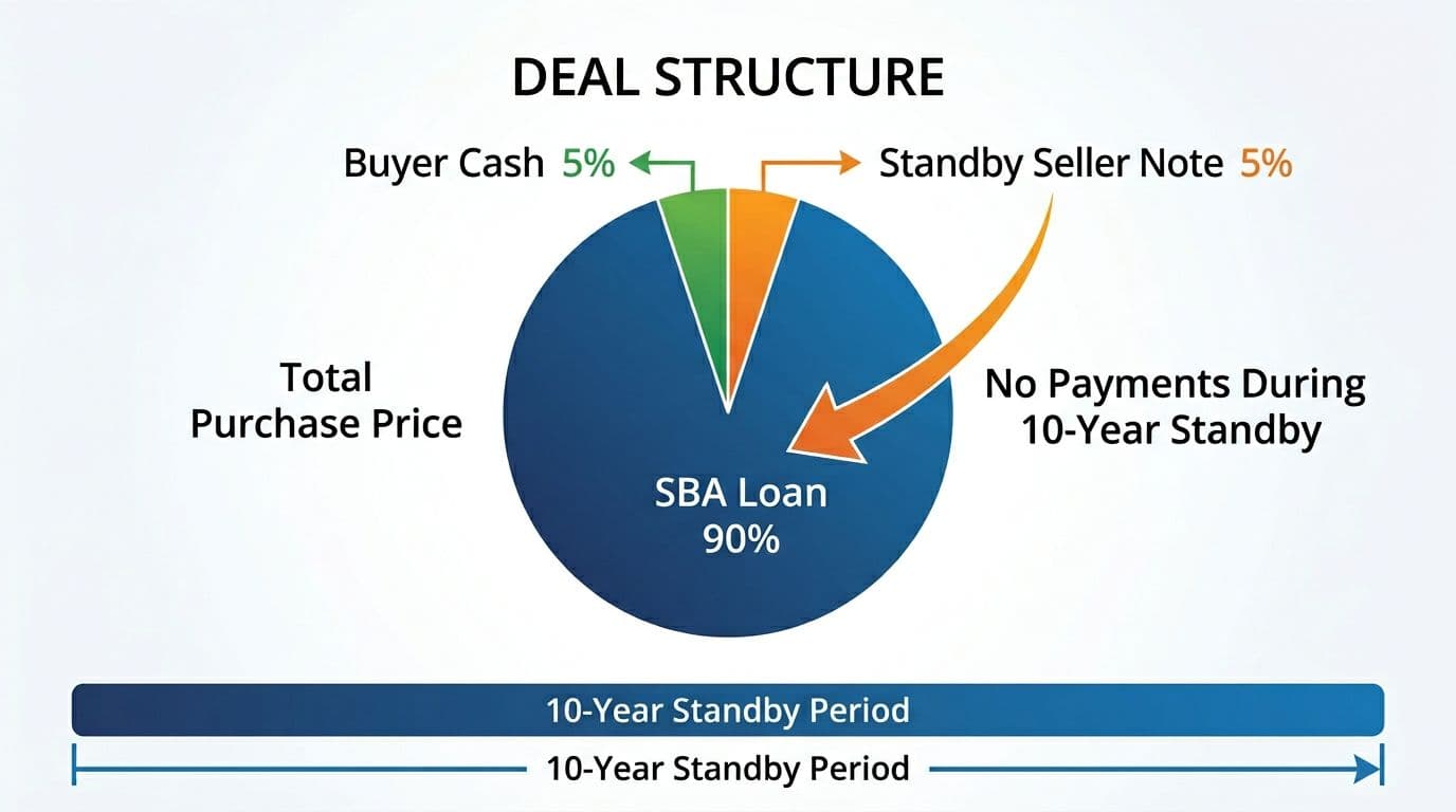 Clean modern flat vector infographic diagram featuring a central pie chart dividing purchase price into 5% Buyer Cash, 90% SBA Loan, and 5% Standby Seller Note, with subordination arrows, 'No Payments During 10-Year Standby' text, and bottom timeline bar.