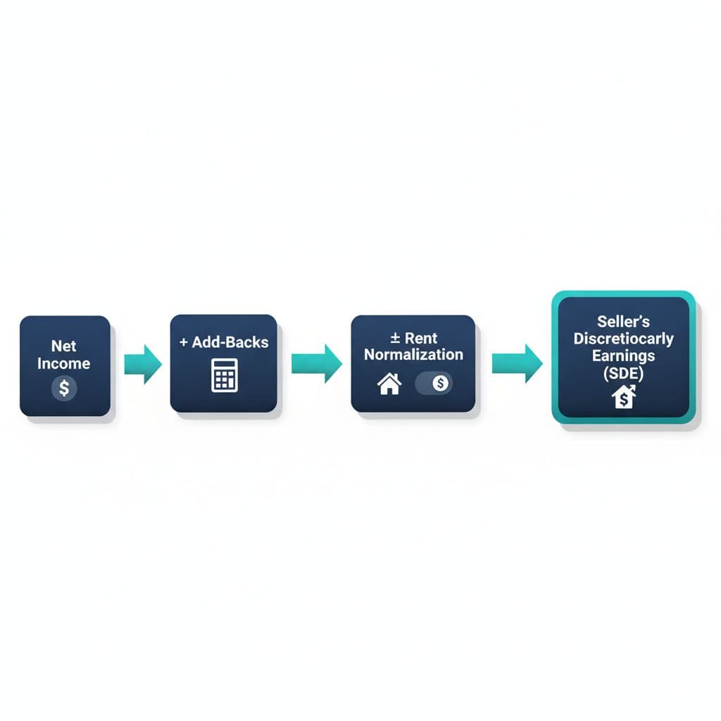 A clean, modern vector infographic illustrating the SDE Bridge process: from Net Income, adding Add-Backs, adjusting Rent Normalization, to Seller’s Discretionary Earnings (SDE), with icons and professional navy-teal palette.