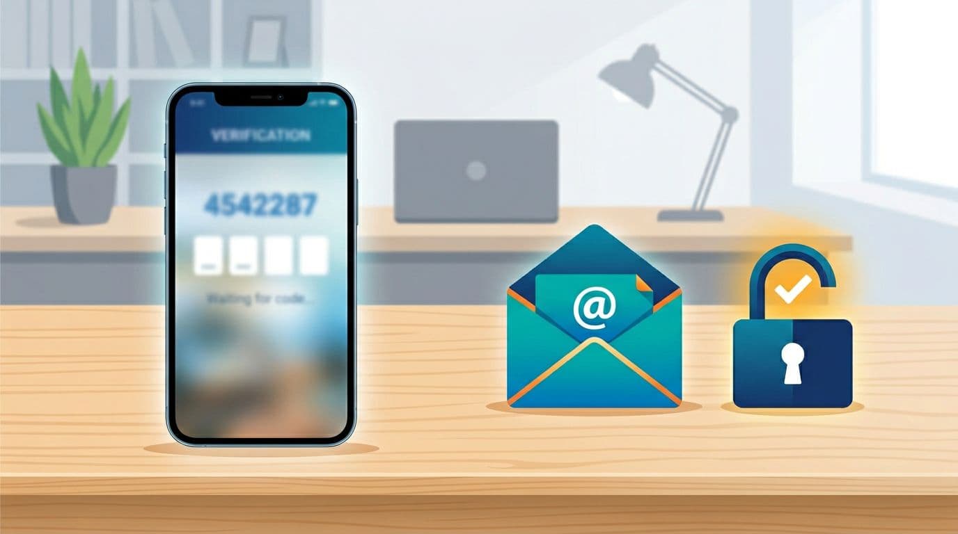 Flat vector illustration of a smartphone on a desk showing a blurred verification code screen next to an open email envelope icon and a lock icon unlocking, on a simple office background with blue teal and orange accents.