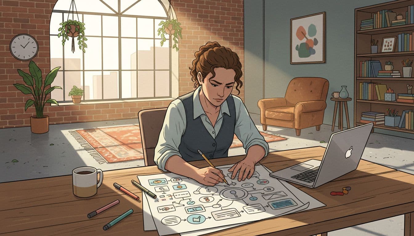 Modern illustration of a solo entrepreneur at a desk sketching startup ideas on paper in a cozy Atlanta loft workspace, laptop nearby, focused expression, warm natural light.