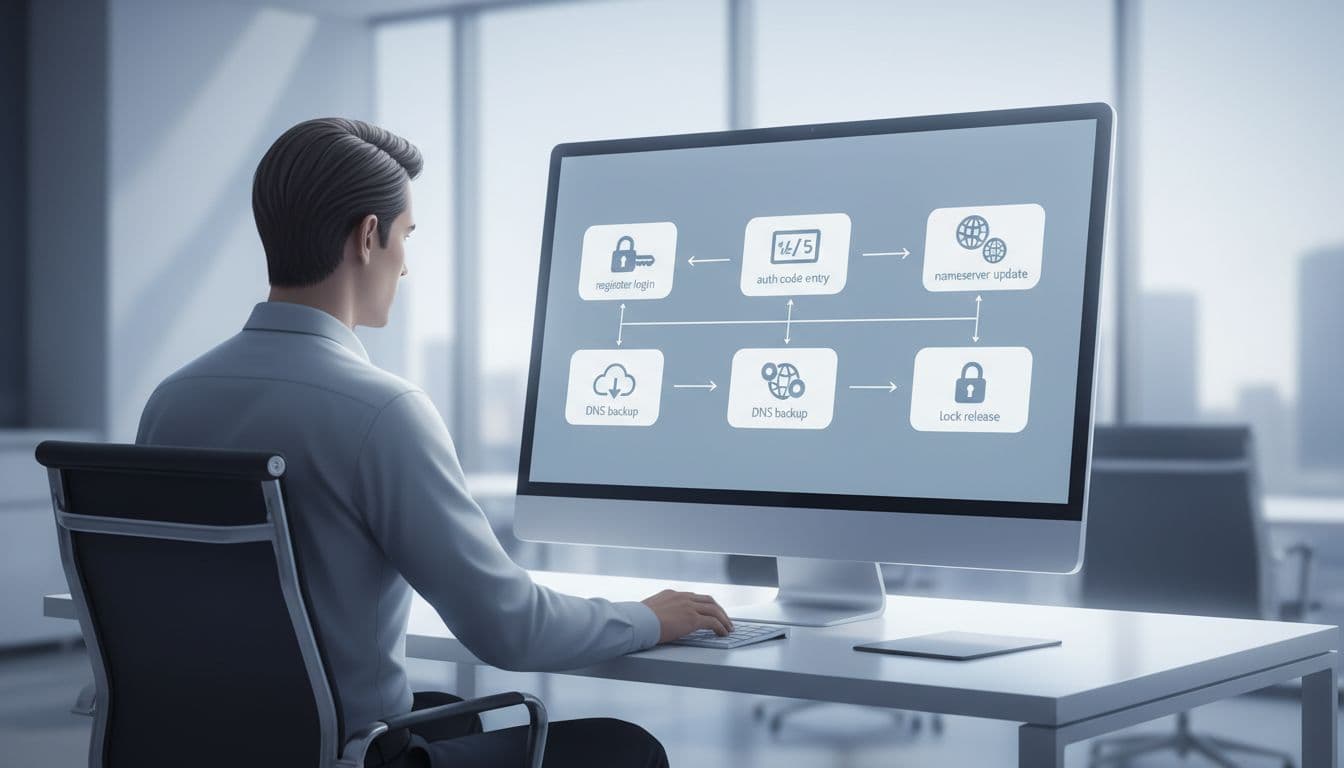 Clean modern business-tech illustration showing a step-by-step domain transfer checklist for business buyers, including registrar login, auth code entry, DNS backup, nameserver update, and lock release, displayed on a professional dashboard on a computer screen in a modern office with infographic style icons and arrows.