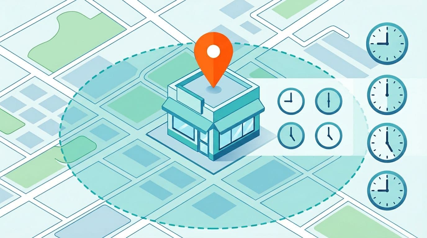 Flat vector illustration featuring an address location marker pin on a map, service area radius circle around a storefront building, and clock icons showing business hours in a clean landscape composition with blues, teals, and orange accents.