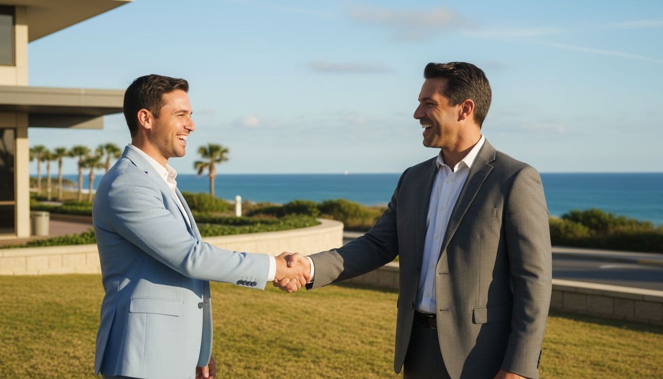A buyer and seller share a relieved, smiling handshake outside a commercial building in Hilton Head, South Carolina, with a scenic ocean view background. Wide shot in sunny daylight, realistic photo style with clean business attire.