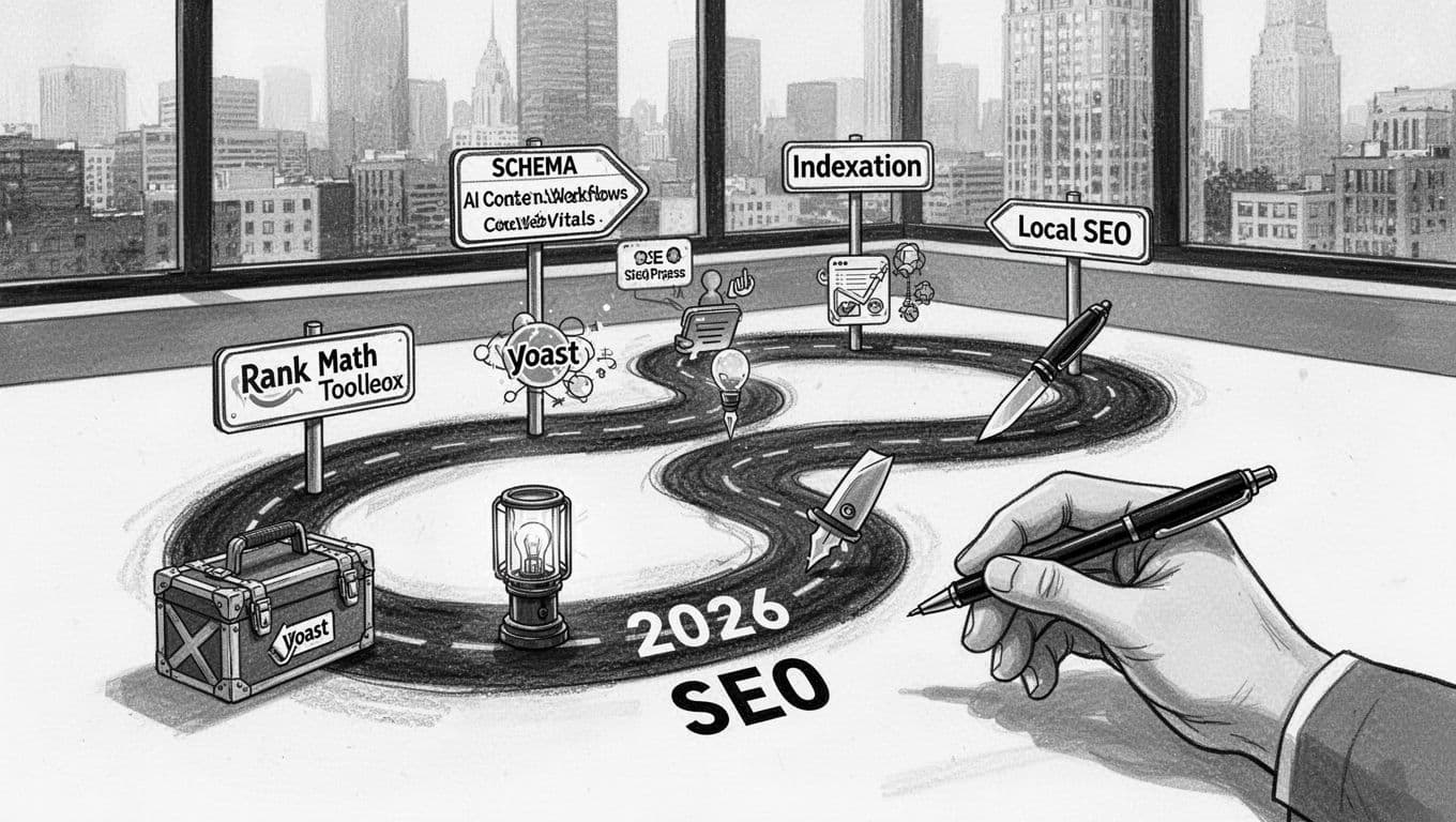 Black-and-white high-contrast ink and charcoal illustration of a winding 2026 SEO roadmap on a blogger's desk, with signposts for schema, AI workflows, Core Web Vitals, and plugin icons for Rank Math, Yoast, and SEOPress. A single relaxed hand holds a pen near the map, with a cityscape window in the background.