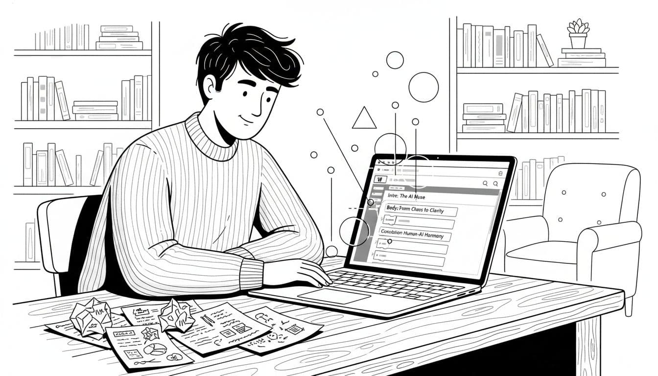 Black-and-white illustration of a writer at a desk, laptop open to a WordPress editor with an outline, notes on paper morphing into bullet points on screen.