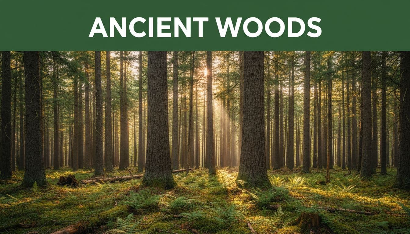 Towering white pine forest in Michigan's Upper Peninsula before European settlement, dense old-growth trees with sunlight rays piercing thick canopy and forest floor ferns moss in realistic natural style.