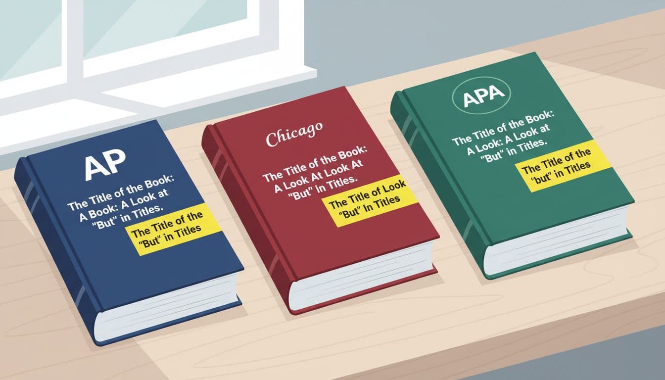 Close-up of three open style guide books side by side on a wooden desk: AP, Chicago, and APA, each highlighting a title example with 'but' in different capitalization styles. Soft natural light, clean modern flat illustration.