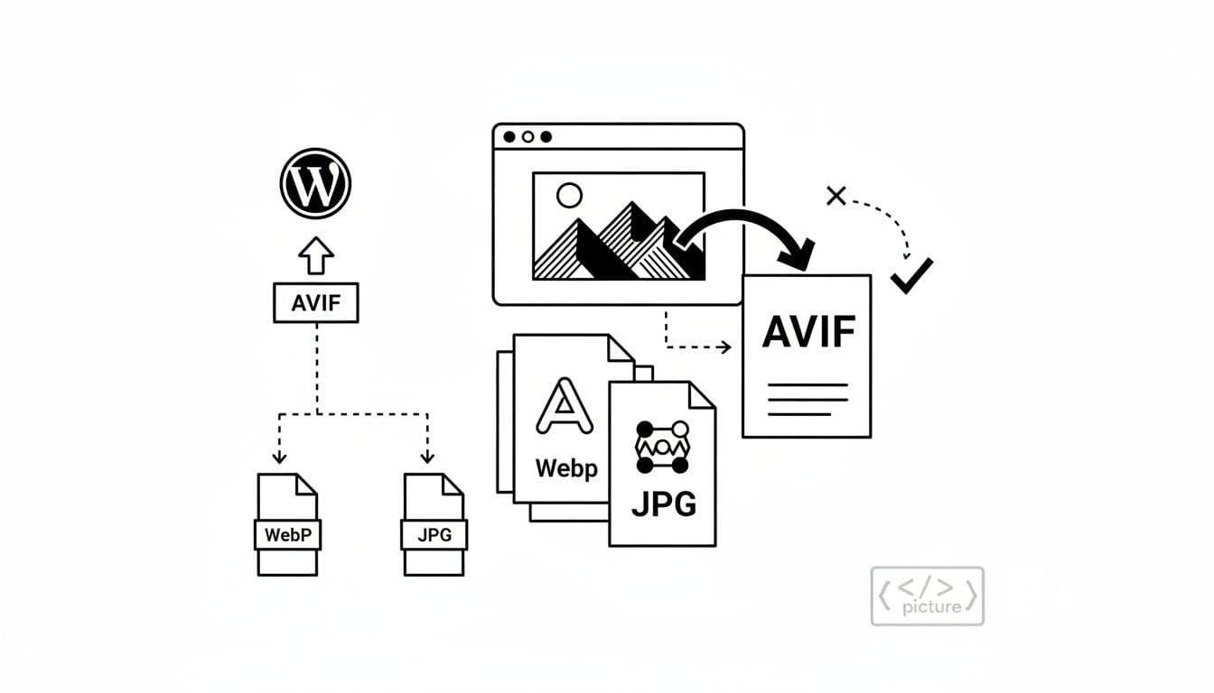 High-contrast black-and-white illustration of the HTML picture element handling AVIF fallback, showing browser selecting from stacked AVIF, WebP, JPG sources and WordPress media library upload chain.