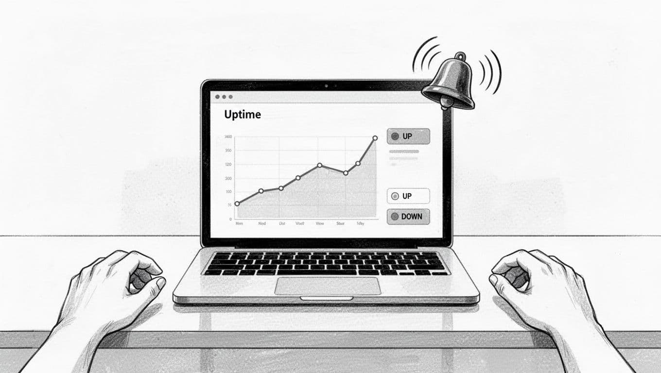 High-contrast black-and-white ink and pencil illustration featuring a laptop screen displaying a minimal monitoring dashboard with uptime graph, UP/DOWN status badges, and bell alert notification. Clean desk background with subtle reflections, resting hands nearby, and abundant negative space.